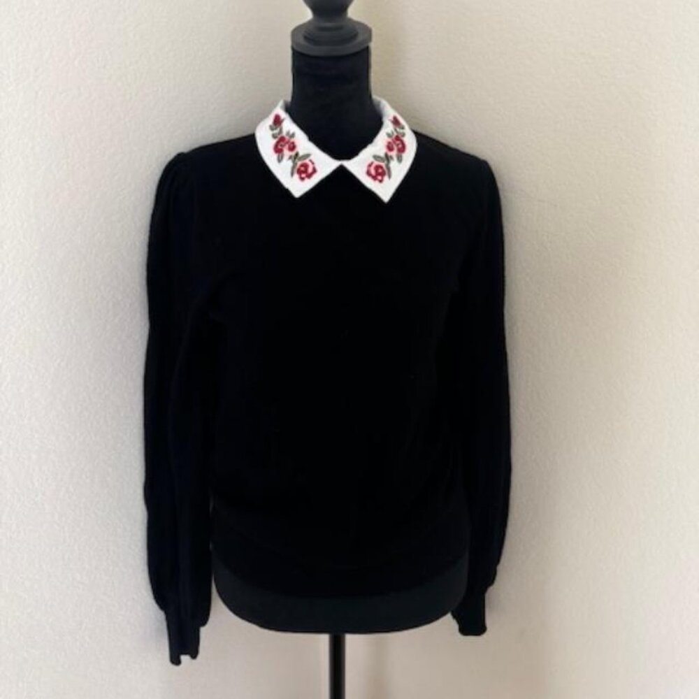 Forever 21 Black Sweater with Embroidered Floral Collar – Size Small